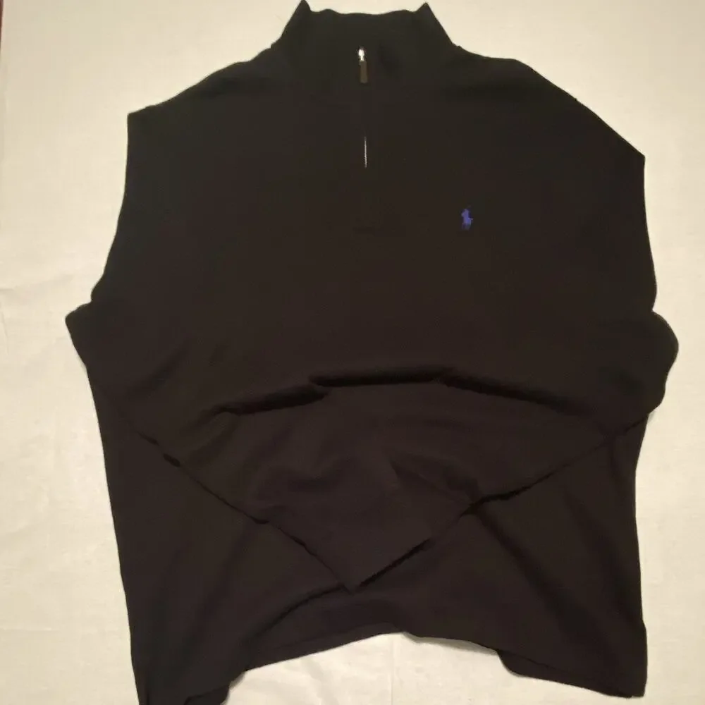 Polo Ralph Lauren Mens L Black 1/4 Zip Mock Neck Rib-Knit Logo Sweater